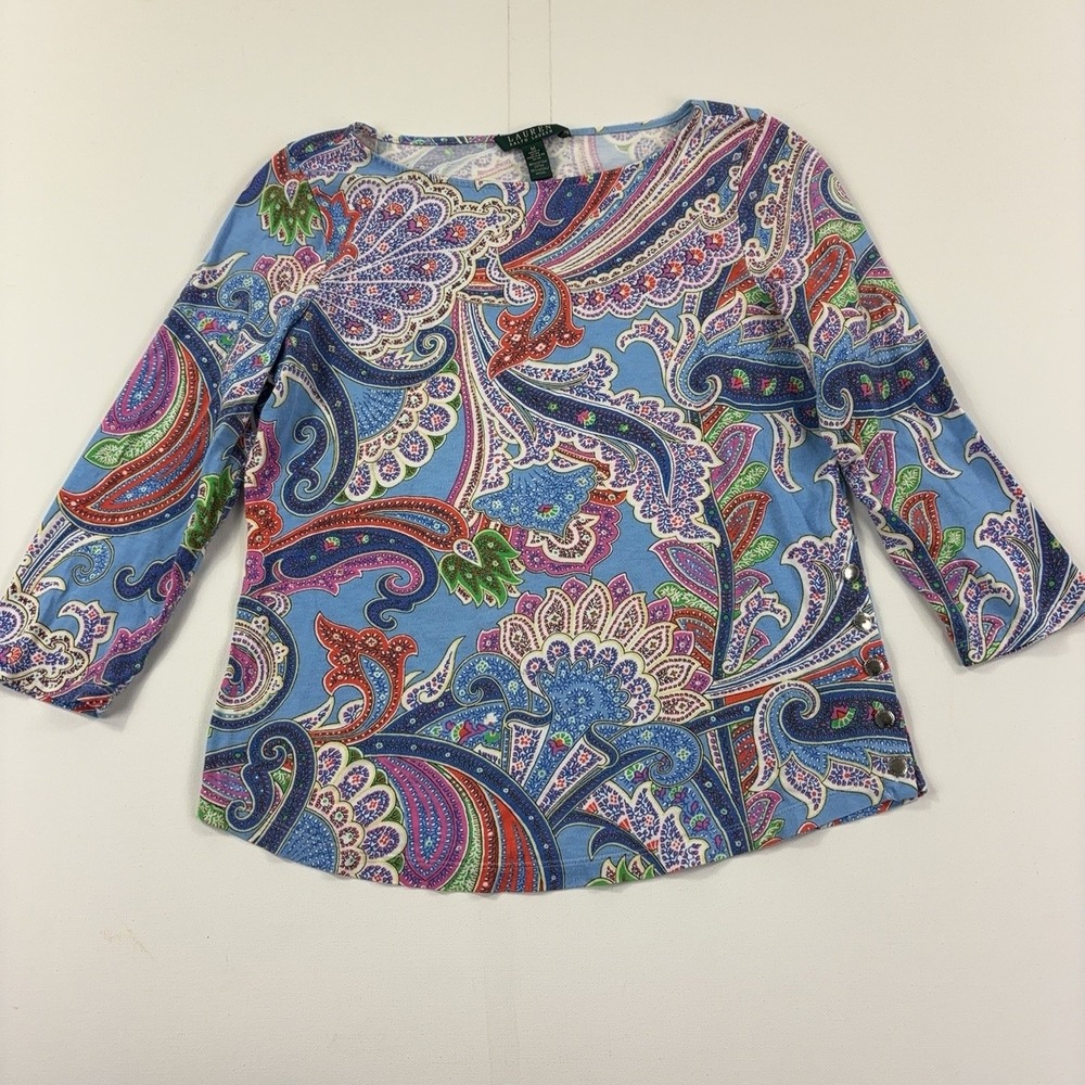 Lauren Ralph Lauren T-Shirt Womens M Multicolor Paisley Boat Neck 3/4 Sleeve